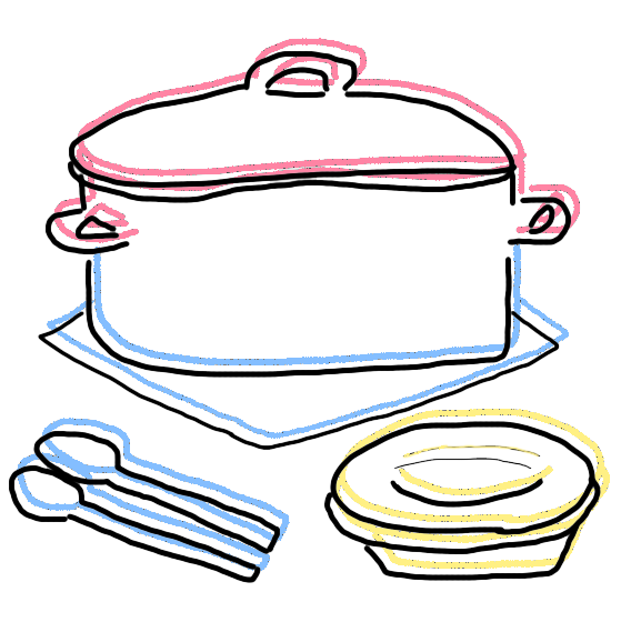 a drawing of a pot, two spoons, and two bowls