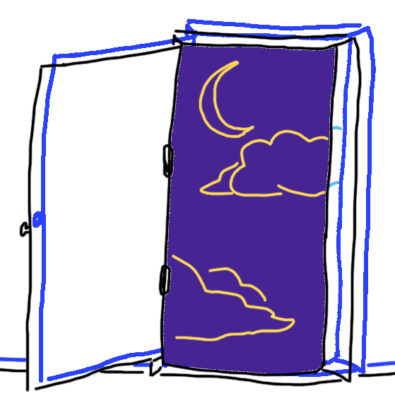 drawing of a door open to a sky of clouds