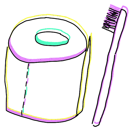 drawing of a toilet paper roll and a toothbrush